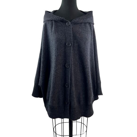 Marina Luna Gray Poncho Sweater Wool Ribbed Hooded Button Front Size Medium M - Picture 1 of 7
